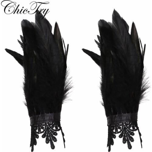 Women Fashion 1 Pair Real Natural Dyed Rooster Feather Wrist Cuffs with Ribbon Ties for Fancy Party Cosplay Costume Halloween