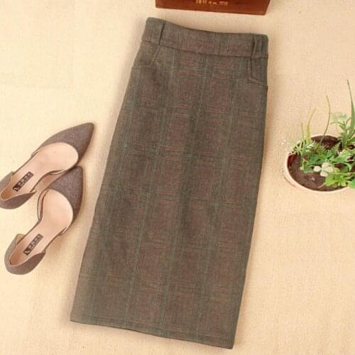 Plus size 2XL New Vintage Spring Autumn Winter Skirts Women High Waist Woolen Skirt Mid Long lattice Skirt Slim Pencil Skirts