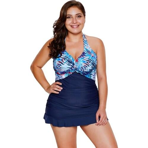 Plus Size Women Two Pieces Swimsuits Floral Sexy Halter Tankini with Short Swim Dress Biquini Swimwear Bathing Suit Beachwear