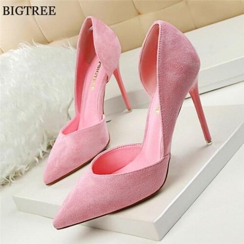 Sexy Side Cut-Outs Womens Office Shoes 2021 New Fashion Shallow Women Pumps Solid Flock Pointed Toe High Heels Shoes for Women