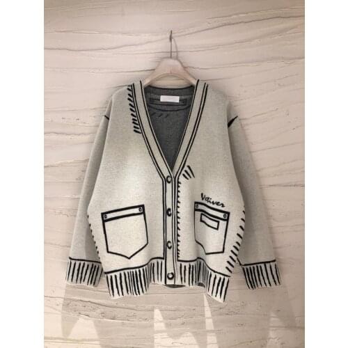 Knitted Loose Striped V-neck Cardigan Sweater for Woman 2021 Autumn Winter Designer Luxury Knitwear Harajuku Indie Clothes