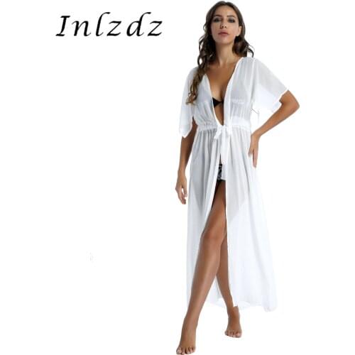 Womens Kimono Cardigan Belted Maxi Dress Open Front Bikini Swimwears Cover Ups with Drawstring Ladies Swimming Clothes