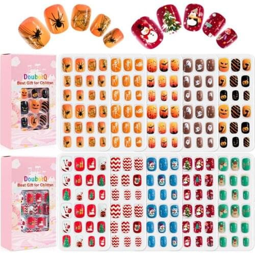 120Pcs Halloween Christmas Nail Art Sticker Kids False Nails Pre-glue Full Cover Stick On Nails Press On Nails Decor for Girls