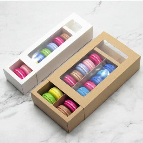 2 Size White/Brown Kraft Paper Macaron Boxes Baking Cookie Cake Package Boxes with Clear PVC Window LX2338