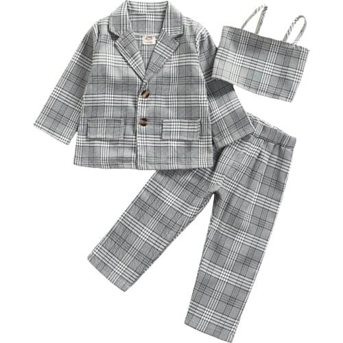 2-7Years Infant Kids Baby Gilrs 3Pcs Clothes Set Long Sleeve Coat Vest Pants Plaid Spring Autumn Outfits