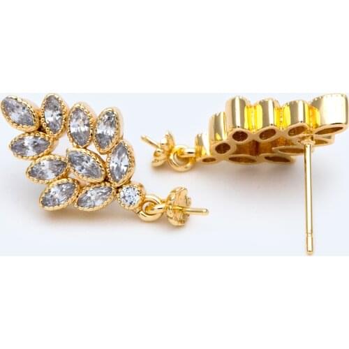 4pcs CZ Paved leaf Ear Post, Dainty Studs, Leaves Earrings, Half Drilled Pearl Mounts, Pearl Peg Earring Settings (#GB-1523)