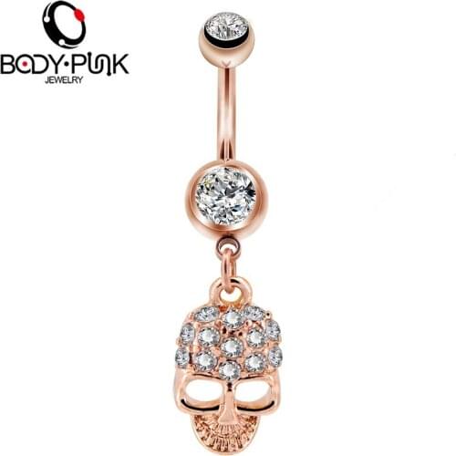 Body Punk 1pc 14G Rose Gold Belly Button Rings Surgical Steel Bar Navel Piercings PieciClear CZ Body Jewelry for Women