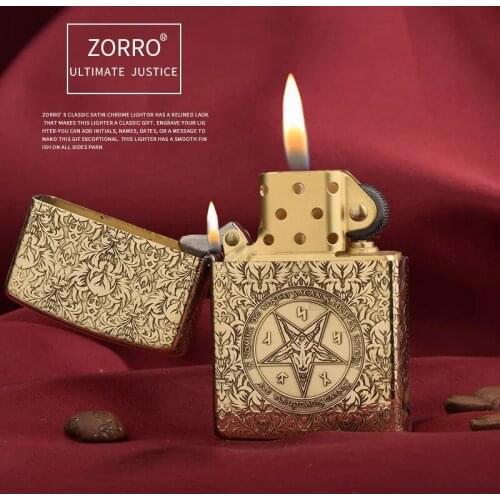 Zorro kerosene lighter pure copper creative retro vintage grinding wheel laser engraving gifts for men