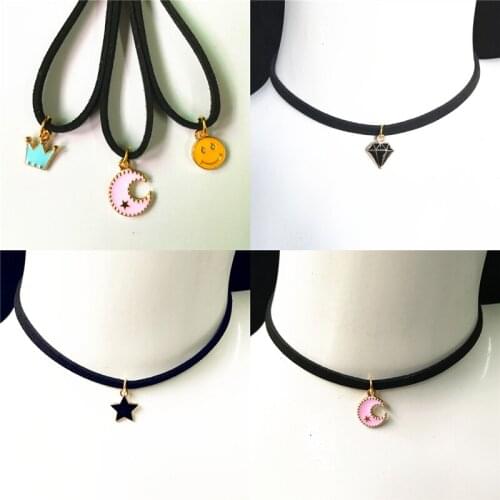 Hot New Torque Jewelry Crown Five Star Smile Necklace Pure Black Velvet With Moon Triangle Geometric Crystal Pendant Necklace