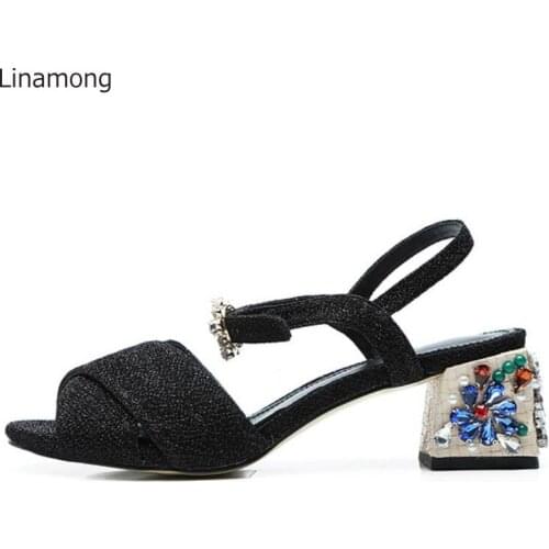 Summer Sequins Leather Beads Rhinestone Flower Chunky Heels Sandals Woman Peep toe Crystal Buckle Ankle Strap Open toe Shoes