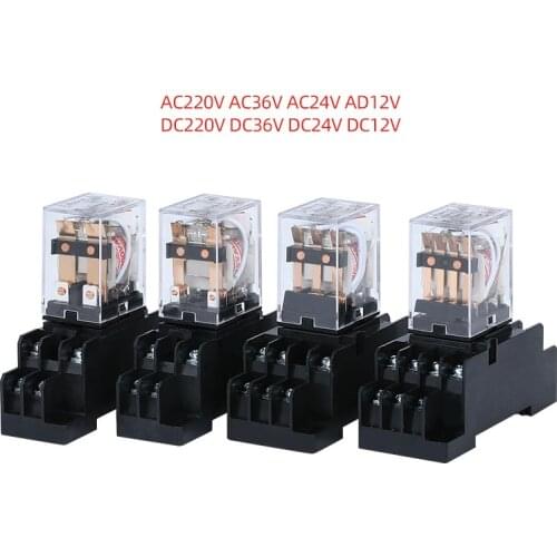 Small intermediate Electromagnetic relay 10A 8 pin HH62P 2NO + 2NC AC 220V / DC 24V / 12V current with base