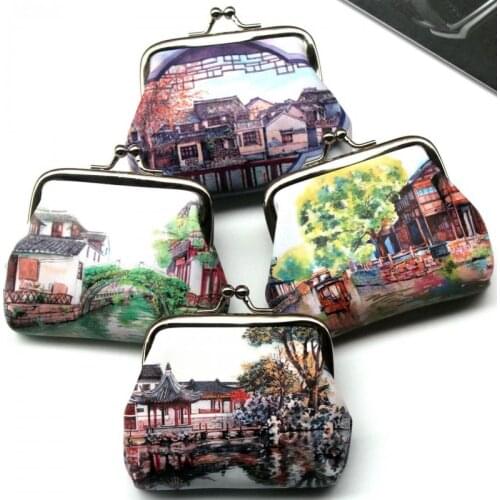 Ancient Town Vintage Cute PU Leather mini Coin Purses Women Printing ancient town hasp coin Wallet Ladies change Purse Carteira