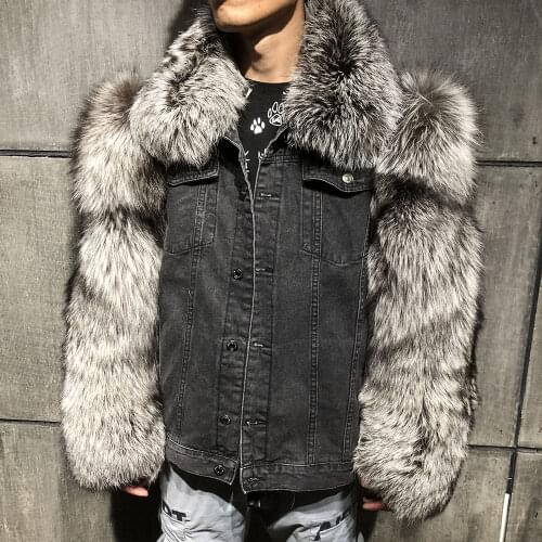 YOLOAgain Real Fox Fur Sleeve Collar Mens Denim Jacket Coat