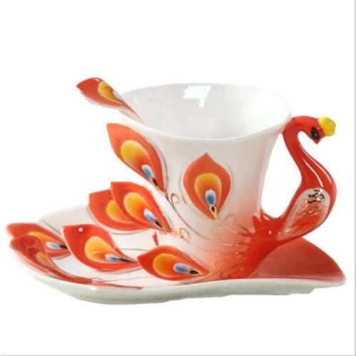 3D Peacock Enamel Coffee Mug Set Ceramic Tea Milk Drinkware With a Spoon Saucer Creative China Bone Friend Gift