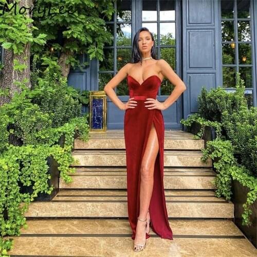 Fancy Evening Dresses Red Floor Length Mermaid Side Slit Zipper Back Velour Evening Dresses vestidos de fiesta de noche