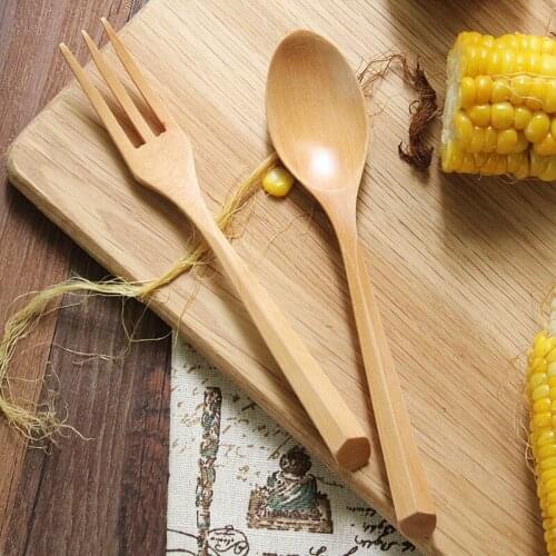 Natural Mini Wooden Spoon Fork Cooking Utensil Coffee Spoon Fruit Forks Household Kitchen Tableware Set WB366