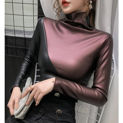 Autumn Plus size women blouse fashion patchwork colors turtleneck pullovers bottoming shirt velvet soft PU leather blouses tops