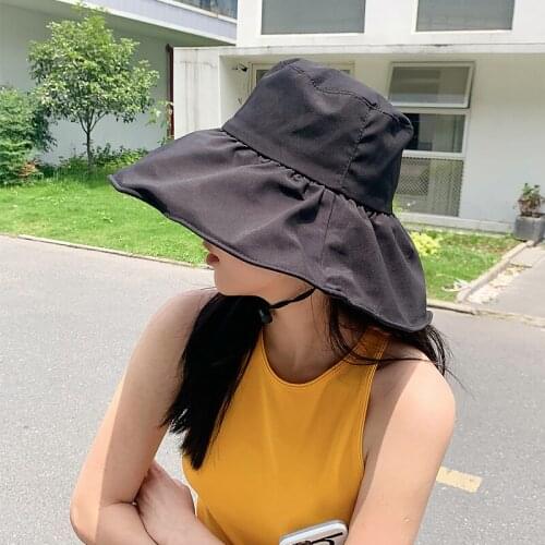 Unisex Summer Bucket Hat for Women 13cm Large Brim Black Vinyl Coated Portable Foldable Fashion Anti-UV Malleable Form Sun Hats