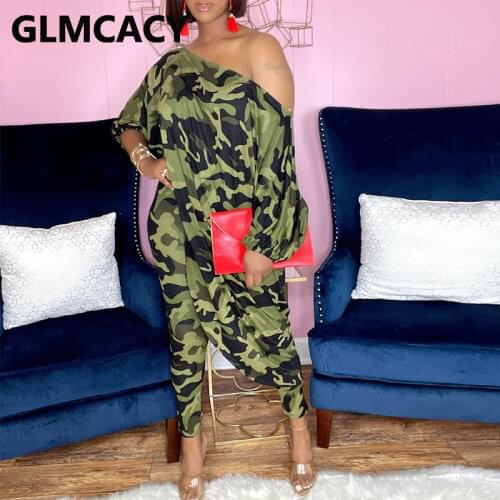 Two Piece Casual Loose Suits Off Shoulder Irregular Shirt Top & Slim Pants Set Church Party Outfits