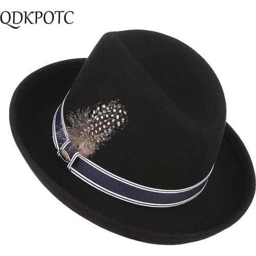 QDKPOTC New Fedoras Fashion Wool Felt Cap Striped Belt Feather Decoration Hats Solid Color Jazz Hat Unisex Vintage Fedora