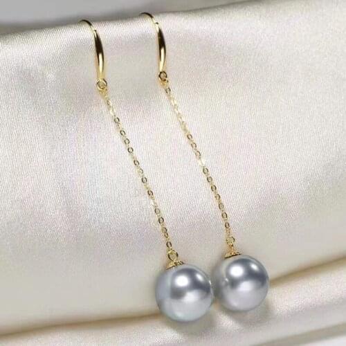D825 Pearl Earrings Fine Jewelry Solid 18K Gold Round 8-9mm Fresh Water Gray Pearls Drop Dangle Earrings for Women Presents