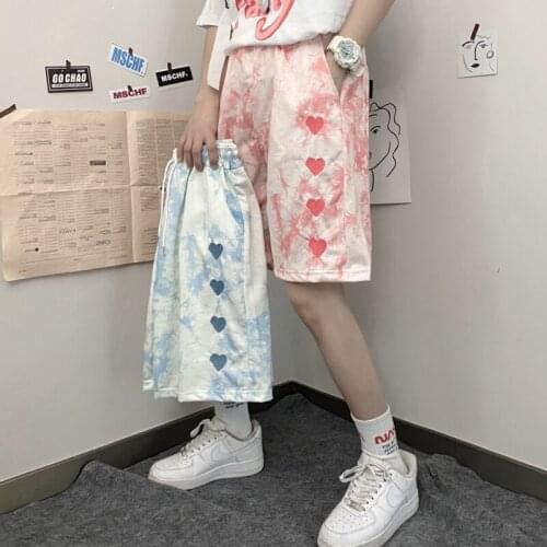 Korean Style Shorts Women Retro Tie Dye Printed Love Casual Pants Wide Leg Drawstring Short Pants Unisex Harajuku Summer Shorts