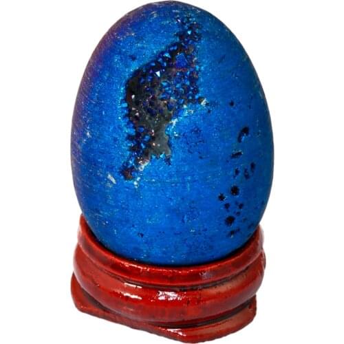 TUMBEELLUWA Blue Titanium Coated Druzy Geode Sphere,Crystal Quartz Agate Egg 40x30mm,Sculpture Figurine with Wood Stand