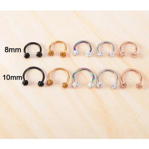 2pc Bling Nose Ring Hoop Septum Piercing Lip Stud Cartilage Earring Circular Barbell Tragus Helix Ear Horseshoe Body Jewelry 16G