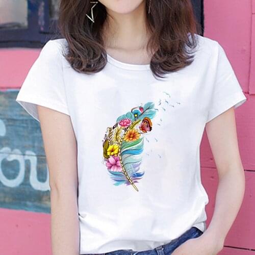 Vintage Flowers Feather Print Women Tshirt Summer Plus Size Graphic Tees Shirt Femme Woman Short Sleeve Casual Tops for Ladies