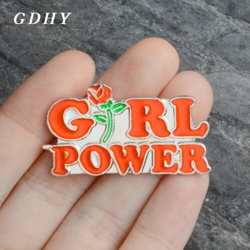 GDHY "Girl Power" Red Rose Flower Brooch For Women Feminist Girl Power Enamel Pins Red Rose Badge Lapel Coat Jewelry Love Gifts