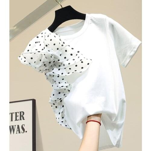 Stitching Polka Dot Cotton T-shirt for Women Ins Super Fashion Dot Tshirt Girls Ladies Black White Pink Short Sleeve T Shirt