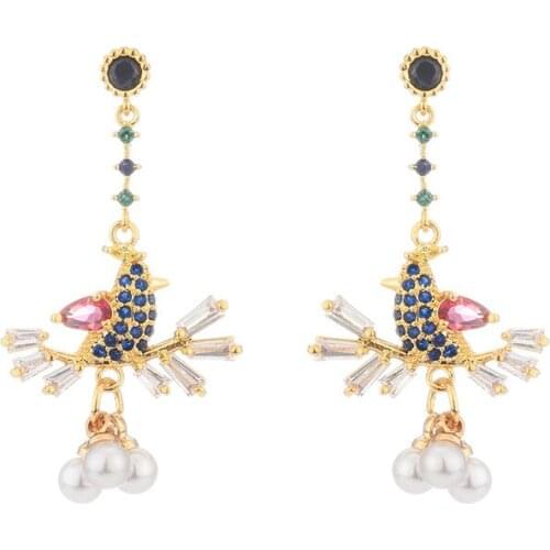 Fashion Cute Pearl Bird Drop Earrings New Year GIft For Girl High Quality Sparkling Cubic Zirconia Long Earing Female Jewelry