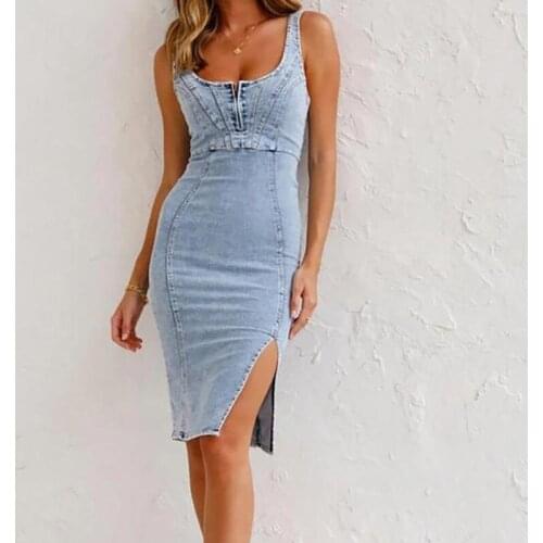 2021 Summer Denim Dress Women Elegant Spaghetti Strap Sexy O-Neck Vintage Casual Female Split Short Dress Vestidos A252