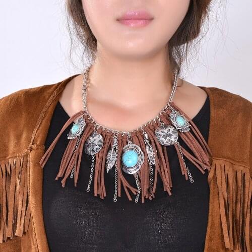 2018Bohemian Western style fringe necklace jewelry women Boho vintage silver Neck Suede Long Tassel Chain Resin Ethnic Necklace