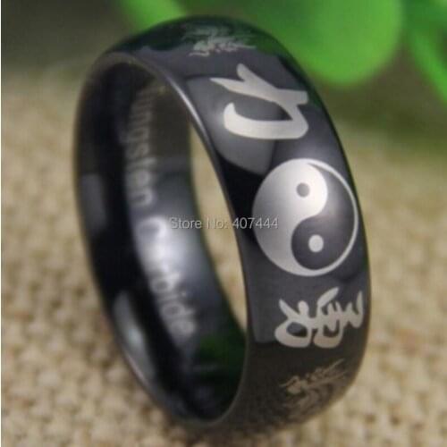 Free Shipping YGK JEWELRY Hot Sale 8MM Comfort Fit Tai Chi Kanji Dragon Mens Black Dome Tungsten Wedding Ring