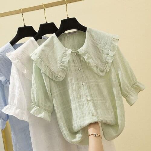 Pure Color Plaid Chiffon Shirt Ladies Summer New Korean Large Size Loose Doll Collar Short Sleeve Blouse 4XL Female Tops aq904