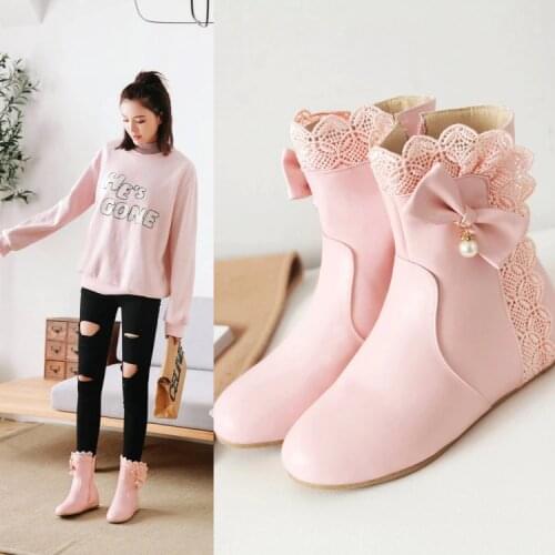 PXELENA Sweet Lolita Mary Janes Ankle Boots Girls Shoes New Hidden Low Heels Butterfly-knot Ruffles Ankle Boots Women White Pink