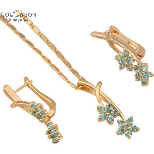 Flower Jewelry Sets Earrings Necklace for women Fashion Jewelry Light Blue Crystal gold Tone Anniversary items JS439