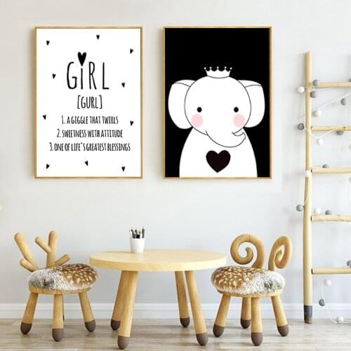 Cute Nursery Canvas Wall Art Poster Cartoon Elephant Print Girls Rule Painting Decorative Picture Baby Girls Room Decoration