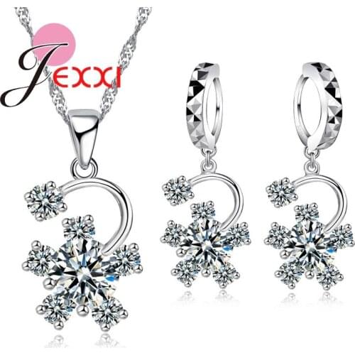 Five Petaled Flowers Shinning CZ Crystal Pendant Jewelry Sets Gift 925 Sterling Silver Necklace + Dangle/Hoop Earring Sets