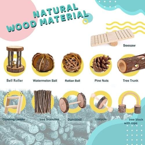 12 Sets Cute Natural Wooden Hamster Toys Wooden Ladder Seesaw Grass Ball Bite Tunnel Toy Molars Supplies