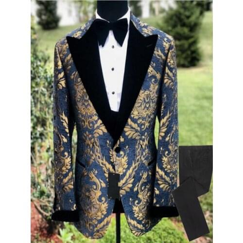 One Button Groomsmen Navy Blue and Black Groom Tuxedos Peak Velvet Lapel Men Suits 2 Pieces Wedding ( Jacket+Pants+Tie ) D130