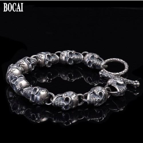 Thai silver skull bracelet pure silver male bracelet vintage personality skull punk bracelet 100% S925 silver bracelet for Man