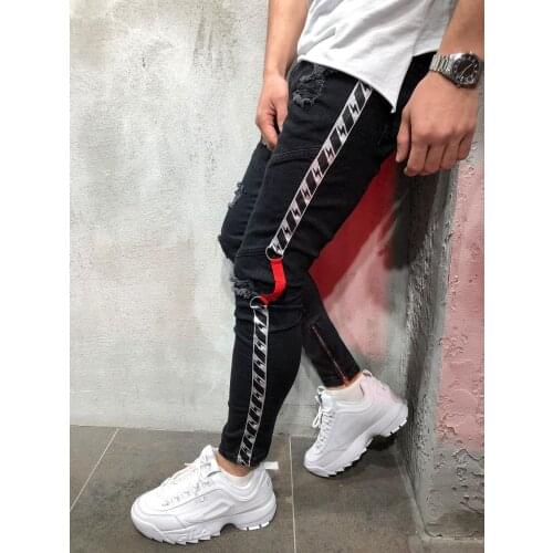 New Mens Ribbon Patchwork Denim Trousers Fashion Hole Ripped Male Jeans Hip Hop Skinny Foot Zip Up Jeans Man Homme Pantalones 바지