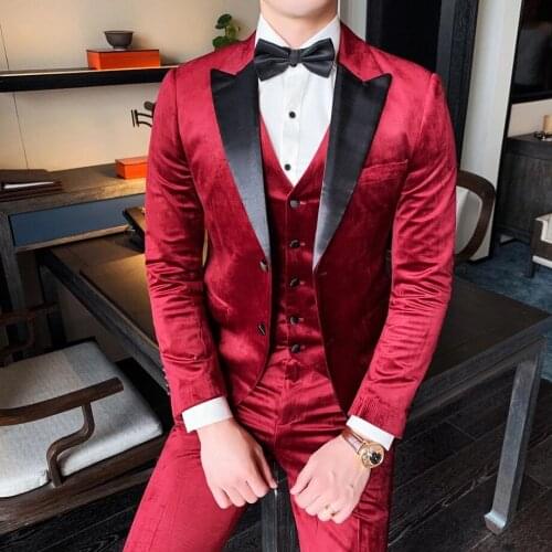 New Fashion Wedding Suit For Men Slim Fit Velveteen 3 Piece (Blazer+Pants+Vest)Custom Made Best Man Formal Party Tuxedo Set