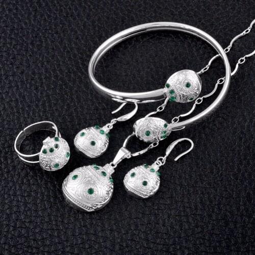 Anniyo Silver Color PNG Necklaces Earrings Bangle Ring sets for Women,Papua New Guinea Wedding Jewelry With Green Stone #102406B