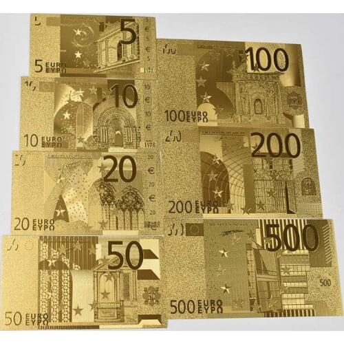 7 Sheets/Sets Gold Foil Art Creativity Collection Euro Banknotes Commemorative Notes Decoration 5 10 20 50 100 200 500 EUR Coll