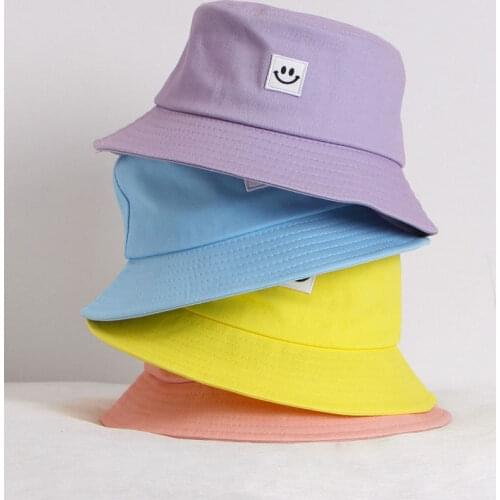 Bucket Hat 2021 New Fisherman Cap Beach Hats for Baby Girl Kids Boy Candy Colors Smile Face Sun Caps Gorro Gorras Casquette Muts