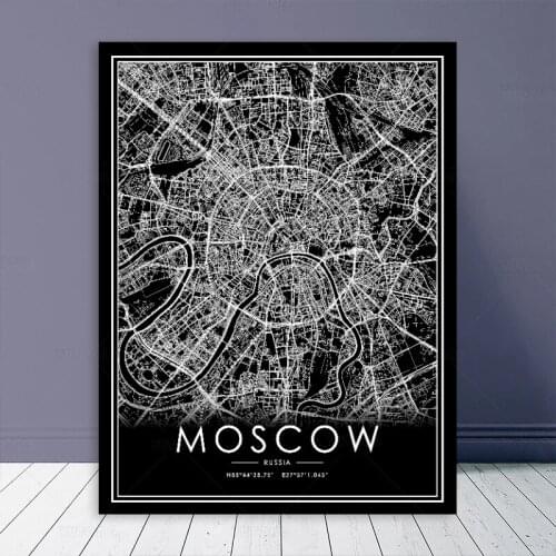 Poster MOSCOW Map Black White Nordic Living Room Decoration Road Line Canvas Print Painting Modern Home Decor Art
