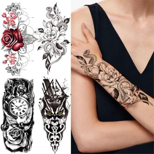 Black Mamba Snake Flower Temporary Tattoos For Women Men Compass Rose Fake Tattoo Sticker Forearm Half Sleeve Thigh Tatoos